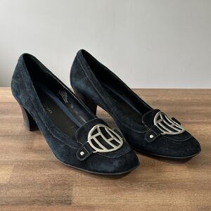 Tommy Hilfiger Naomi Loafer Pump Womens 7.5M Blue Suede Leather Chunky Heel Logo